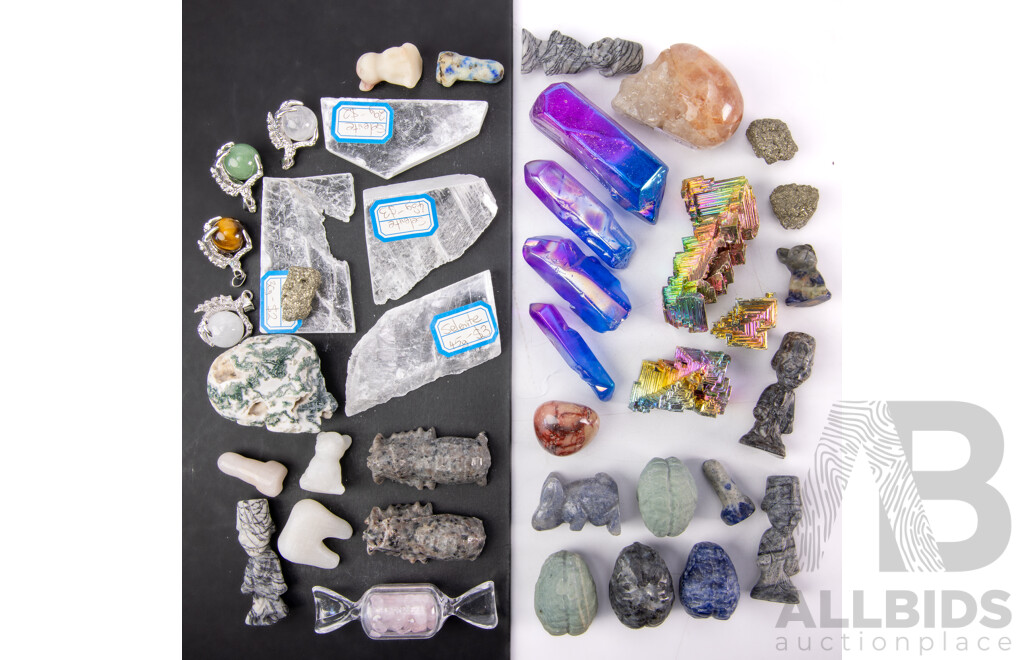 Collection Mineral Specimens Including Claw Set Pendant Spheres, Selenite Windows, Iron Pyrites and More