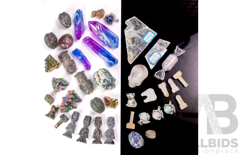 Collection Mineral Specimens Including Claw Set Pendant Spheres, Selenite Windows, Iron Pyrites and More