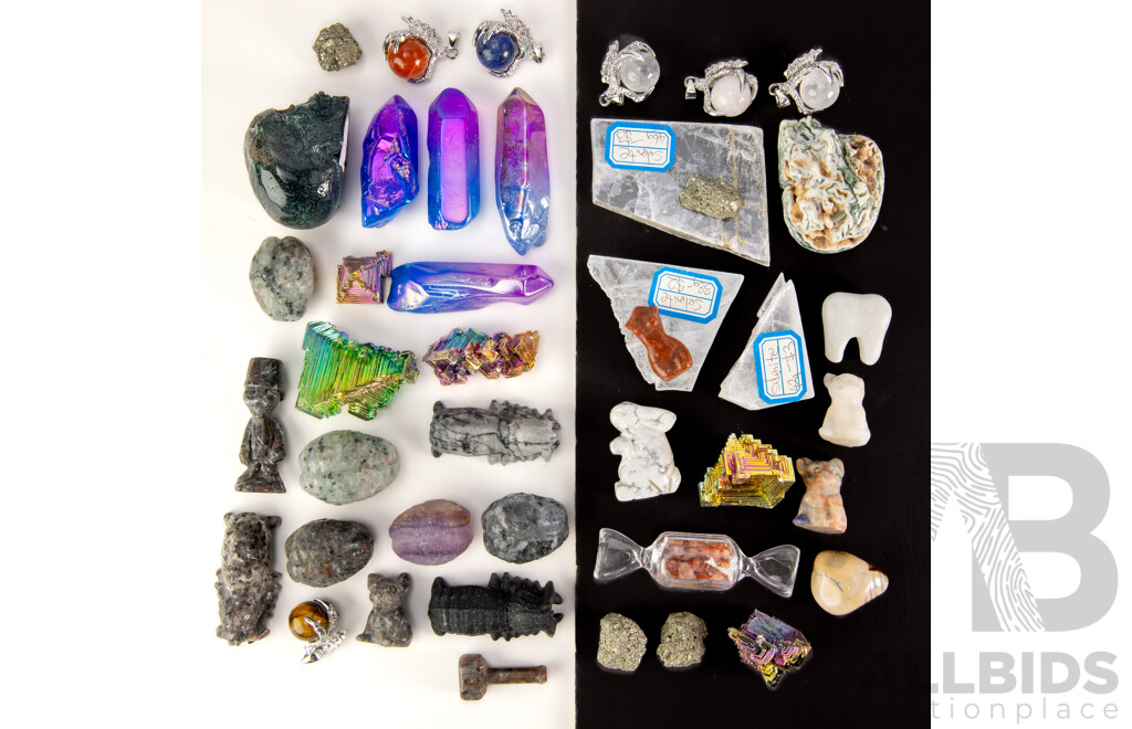 Collection Mineral Specimens Including Claw Set Pendant Spheres, Selenite Windows, Iron Pyrites and More