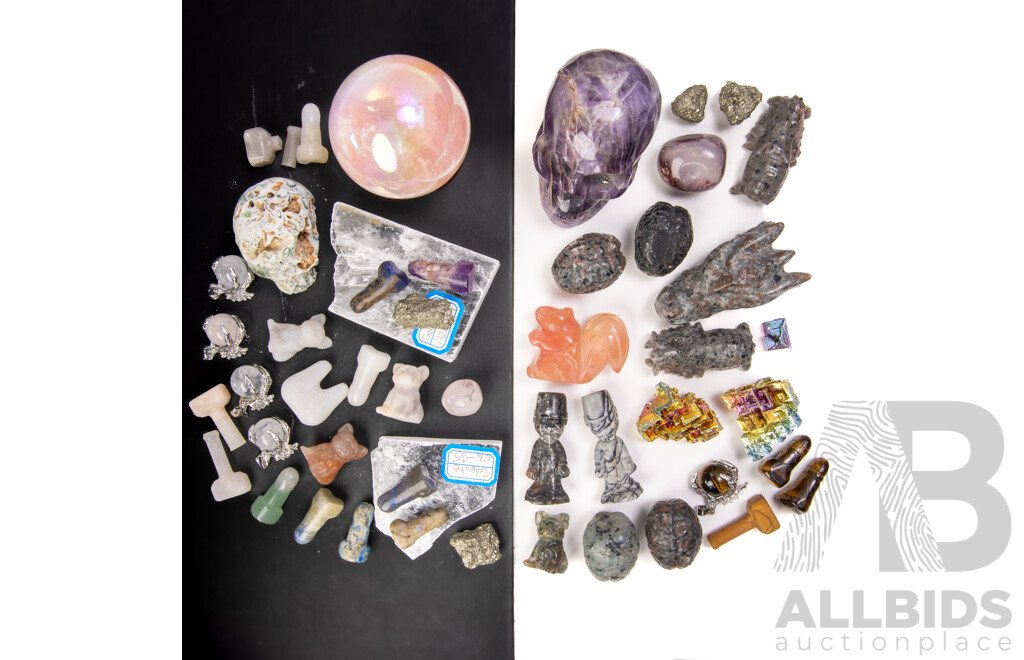 Collection Mineral Specimens Including Claw Set Pendant Spheres, Selenite Windows, Iron Pyrites and More