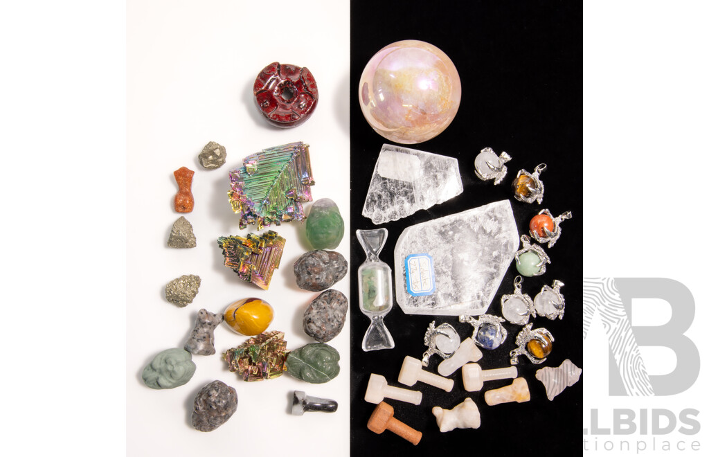 Collection Mineral Specimens Including Claw Set Pendant Spheres, Selenite Windows, Iron Pyrites and More