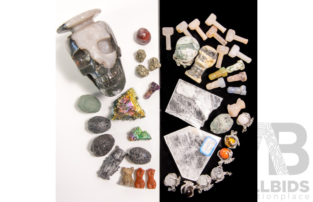 Collection Mineral Specimens Including Claw Set Pendant Spheres, Selenite Windows, Iron Pyrites and More