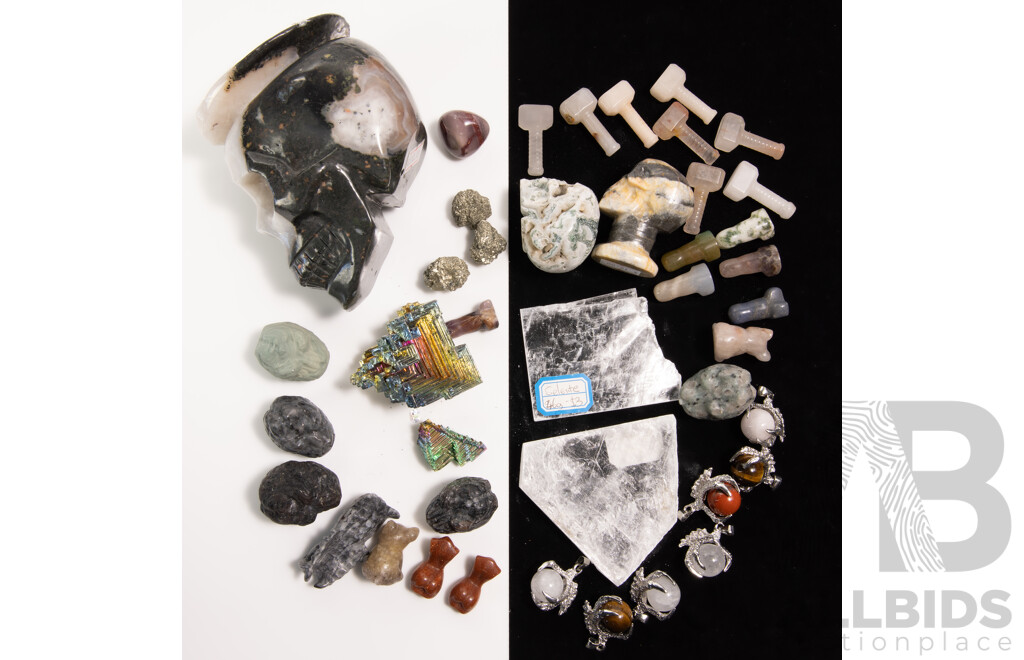 Collection Mineral Specimens Including Claw Set Pendant Spheres, Selenite Windows, Iron Pyrites and More