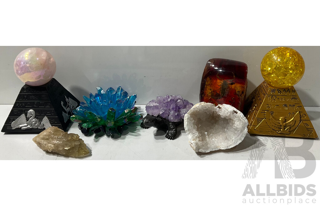 Collection of Decorative Pyramid Crystal Ball Stands, Crystals and Resin Scorpion