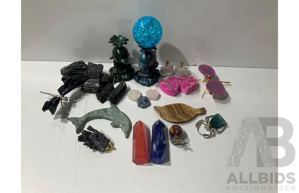 Collection of Various Decorative Crystals, Animals, Stands and More