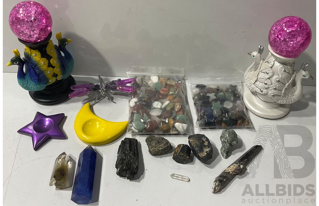 Collection of Decorative Crystal Stands, Dragonfly, Rock Pendants and More