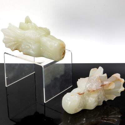Pair Carved Green Onyx Stone Dragons Skull Figures