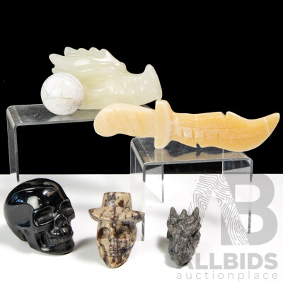 Collection Carved Polished Stone Pieces Including Two Memento Mori Skulls, Ceremonial Knife and More