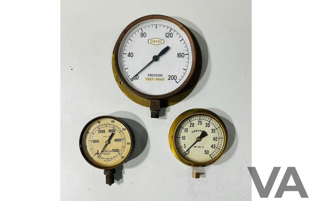 Three Brass Body Pressure Gauges Vintage Including State Rail, David Harcourt