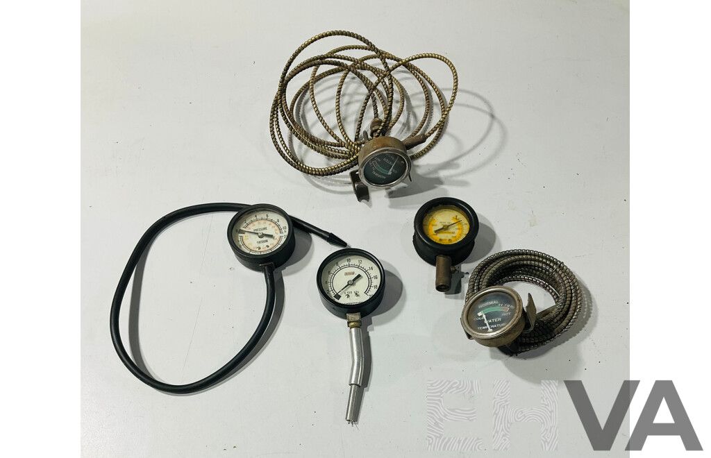 Vintage Caterpillar Tire Pressure Gauge, Two Mechanical Temperature Gauges, Dixco Compression Gauge, Vacuum/Pressure Gauge