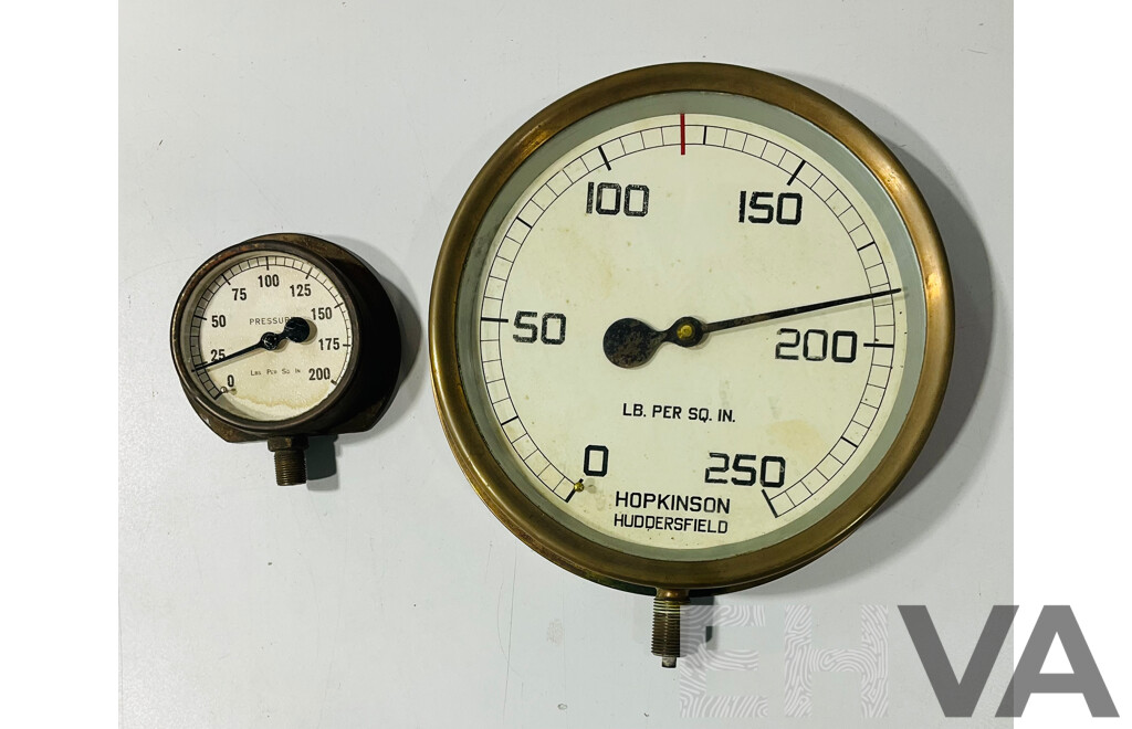 Two Vintage Brass Pressure Gauges Including Hopkinson Huddersfield, Likely Locomotive