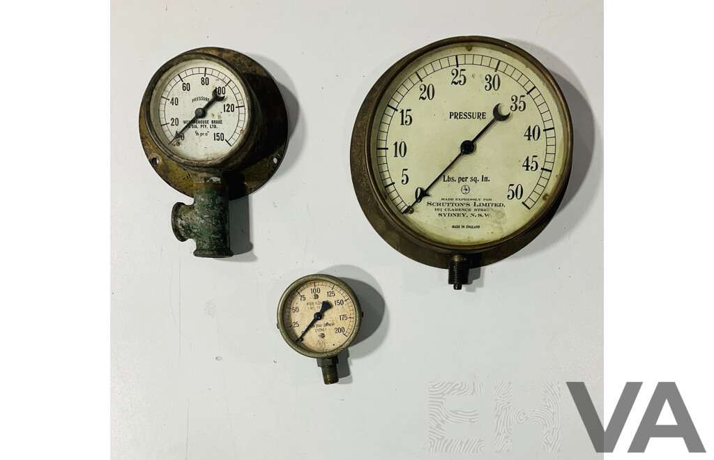 Antique Pressure Gauges Including Samson Spray Equipment Sydney, Westinghouse Brake, English Made Example for Scrutton's Limited Sydney