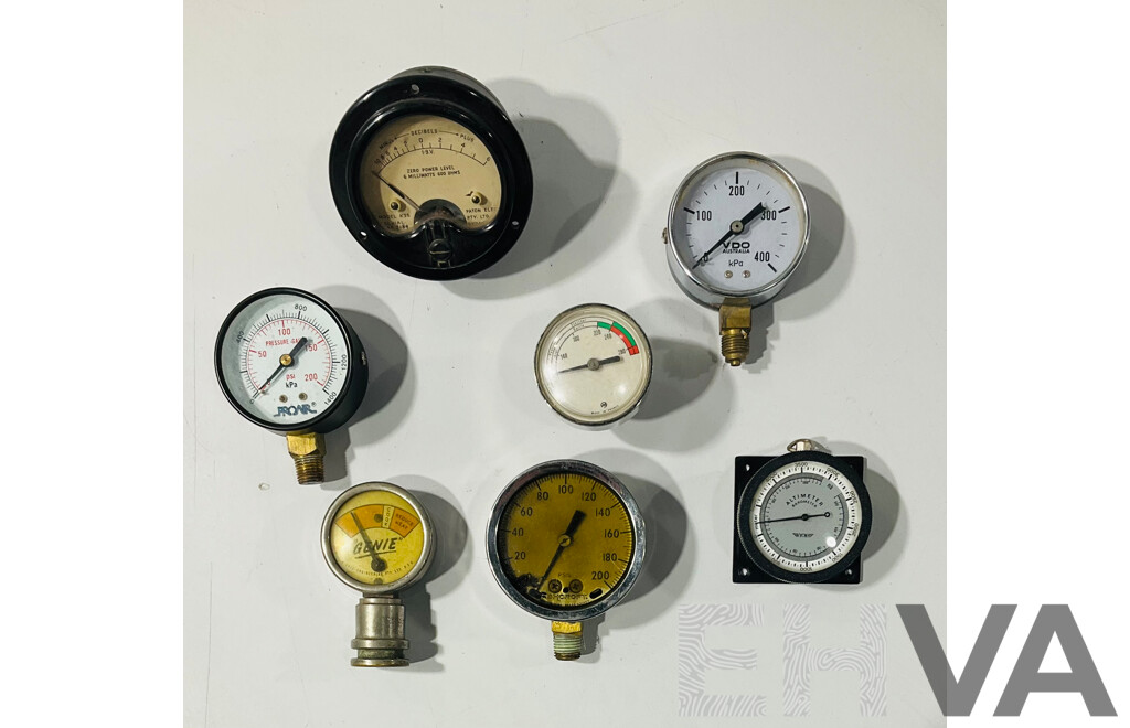 Collection of Small Vintage Gauges Including Paton Decibels, YCM Altimeter Barometer, Proair Pressure, VDO Pressure, 'GENIE' Temperature