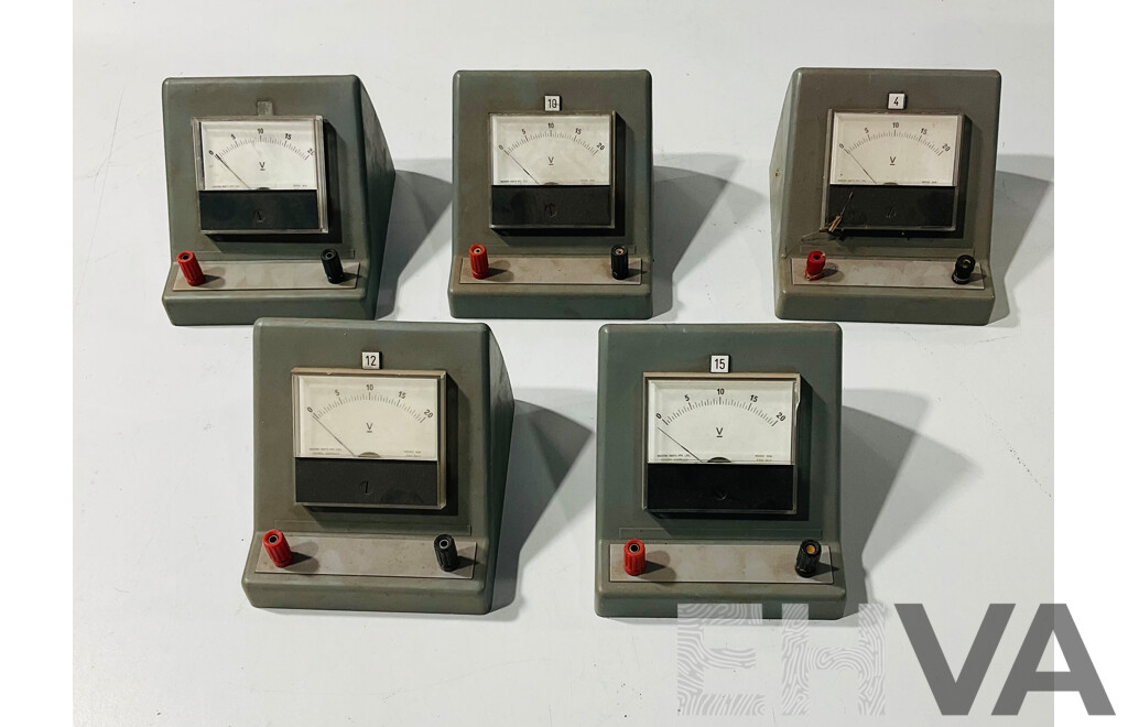 Five Vintage Lab Bench Volt Meters, 0 to 20 Volt