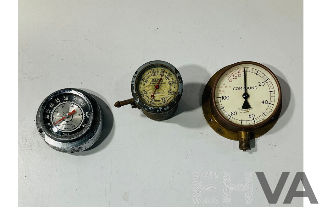 Vintage Elliott Siemens Brothers Speed Indicator, Aqua Meter Speedboat Speedometer and Brass Body Vacuum/Pressure Gauge