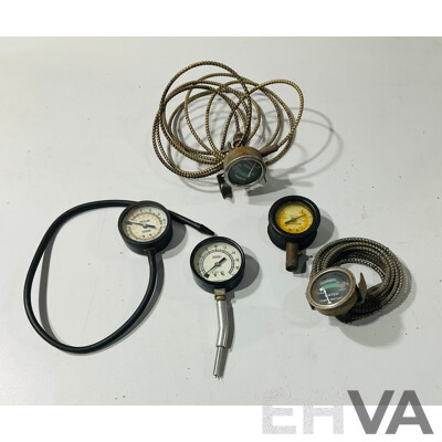Vintage Caterpillar Tire Pressure Gauge, Two Mechanical Temperature Gauges, Dixco Compression Gauge, Vacuum/Pressure Gauge