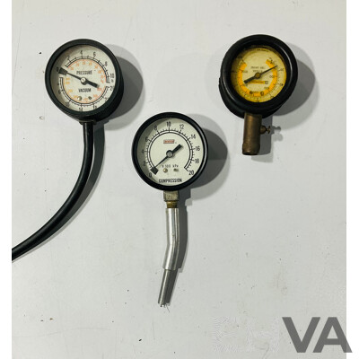 Vintage Caterpillar Tire Pressure Gauge, Two Mechanical Temperature Gauges, Dixco Compression Gauge, Vacuum/Pressure Gauge