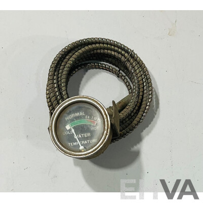 Vintage Caterpillar Tire Pressure Gauge, Two Mechanical Temperature Gauges, Dixco Compression Gauge, Vacuum/Pressure Gauge