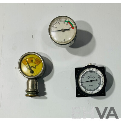 Collection of Small Vintage Gauges Including Paton Decibels, YCM Altimeter Barometer, Proair Pressure, VDO Pressure, 'GENIE' Temperature