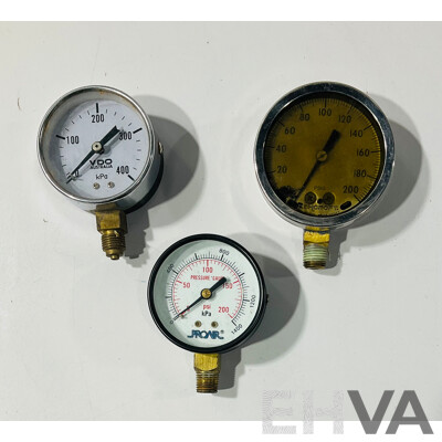 Collection of Small Vintage Gauges Including Paton Decibels, YCM Altimeter Barometer, Proair Pressure, VDO Pressure, 'GENIE' Temperature