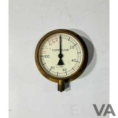 Vintage Elliott Siemens Brothers Speed Indicator, Aqua Meter Speedboat Speedometer and Brass Body Vacuum/Pressure Gauge