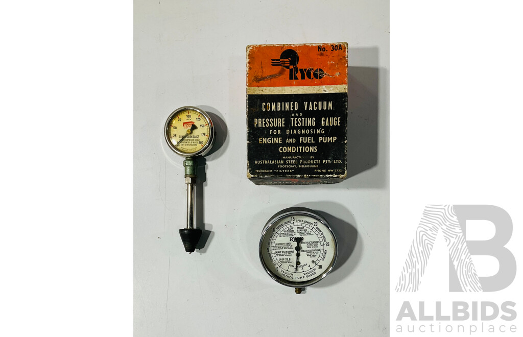 Vintage Repco Cylinder Compression Gauge and Ryco Combined Vacuum Pressure Testing Gauge