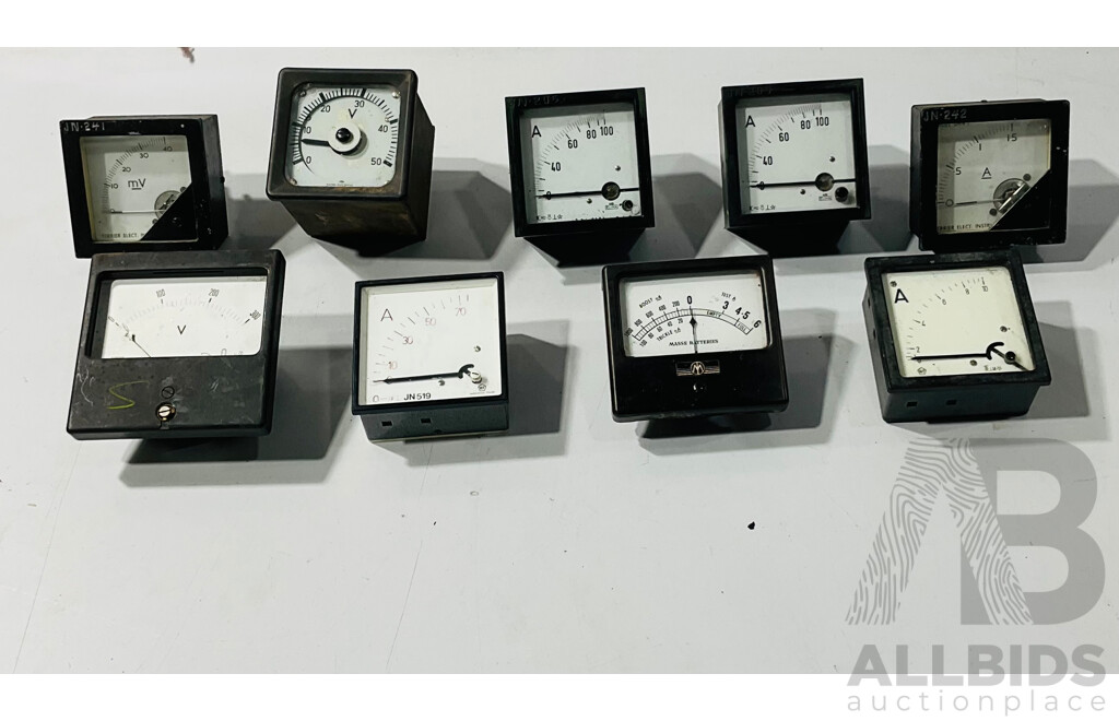 Vintage Square Face Electrical Volt and Amp Gauges Including Ferrier, Elima, Warburton