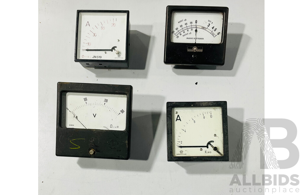 Vintage Square Face Electrical Volt and Amp Gauges Including Ferrier, Elima, Warburton