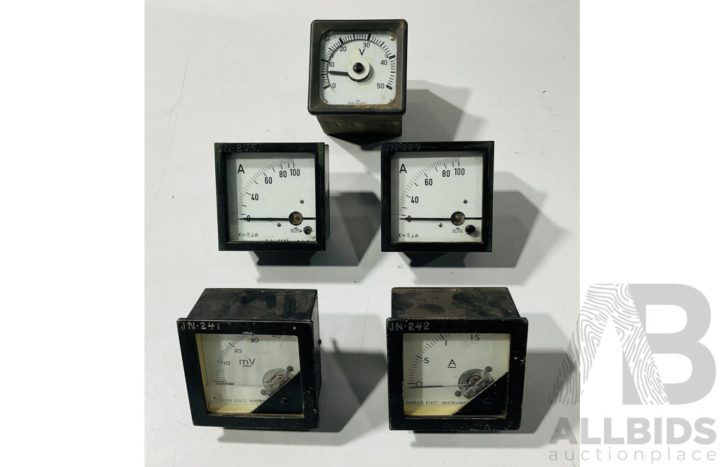 Vintage Square Face Electrical Volt and Amp Gauges Including Ferrier, Elima, Warburton