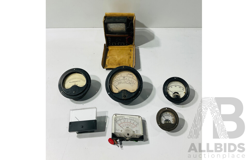 Collection of Vintage Amp and Volt Meters with Casie Volt Meter in Original Case