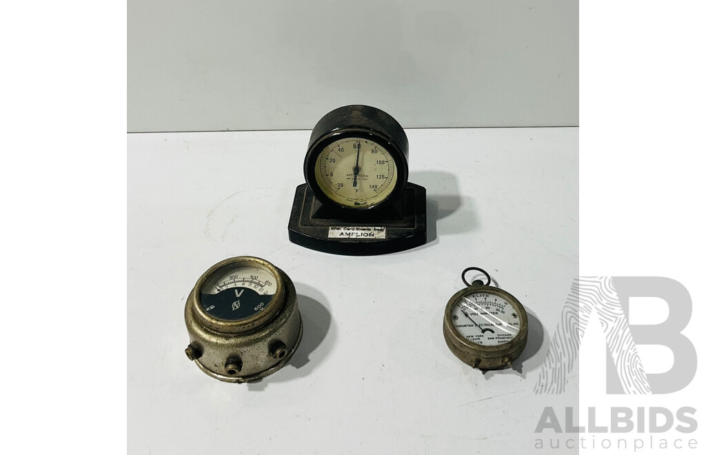 Vintage Elite Manhattan Electrical Supply Co Pocket Volt Meter, High/Low Voltage Gauge and Amplion Complimentary Desk Thermometer