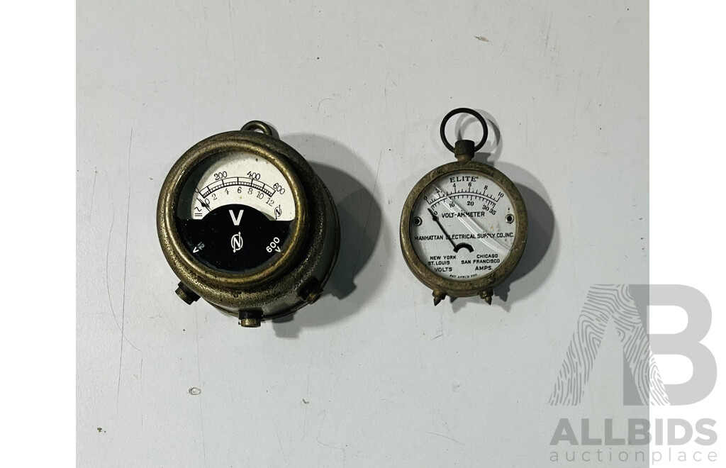 Vintage Elite Manhattan Electrical Supply Co Pocket Volt Meter, High/Low Voltage Gauge and Amplion Complimentary Desk Thermometer