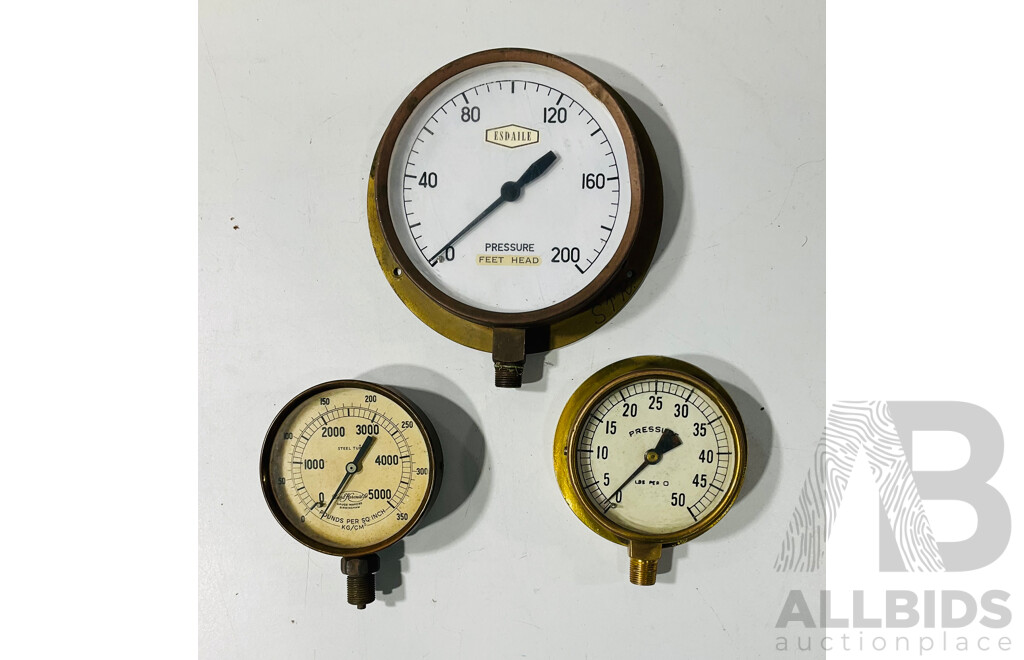 Three Brass Body Pressure Gauges Vintage Including State Rail, David Harcourt