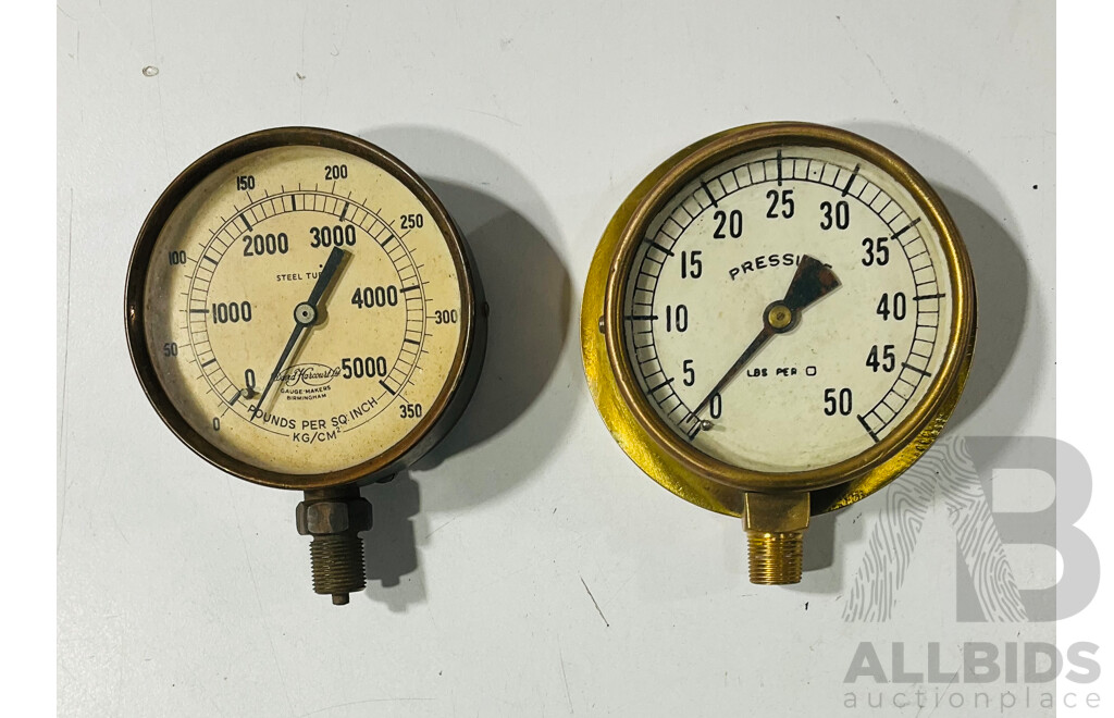 Three Brass Body Pressure Gauges Vintage Including State Rail, David Harcourt