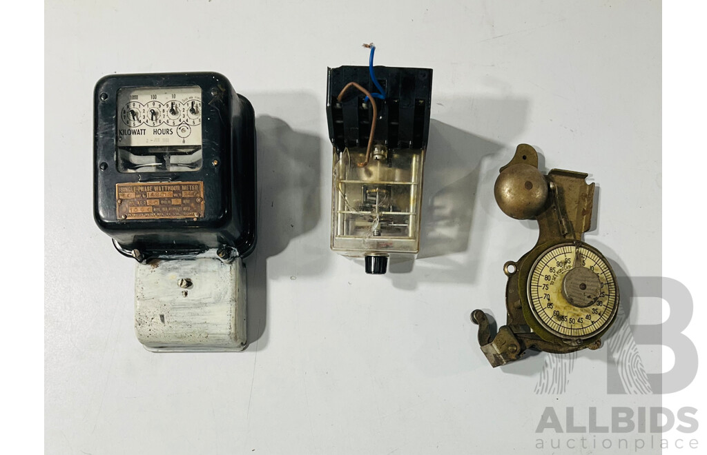 Three Timers/Meter Including Antique Bell Timer, MFG Co Watt Hour Meter, Tesch Timer