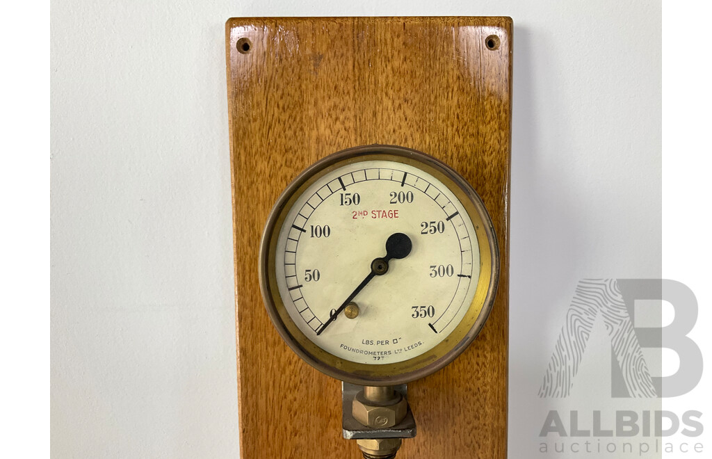 Large Antique Glass Water Level and Pressure Gauge on Timber Mounting