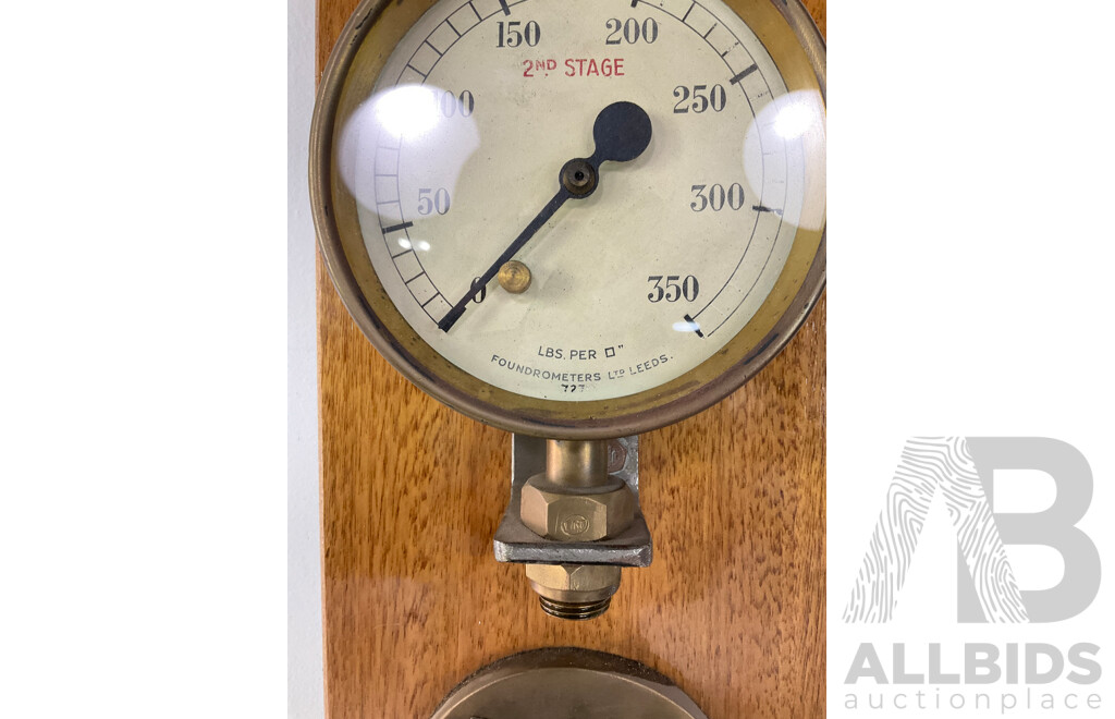 Large Antique Glass Water Level and Pressure Gauge on Timber Mounting