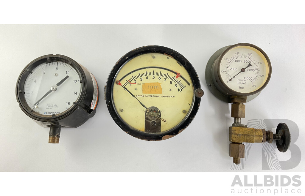 Vintage Gauges Including H.P Rotor Differential Expansion, Pressure PSI/Bar and Ashcroft Duragauge Bar