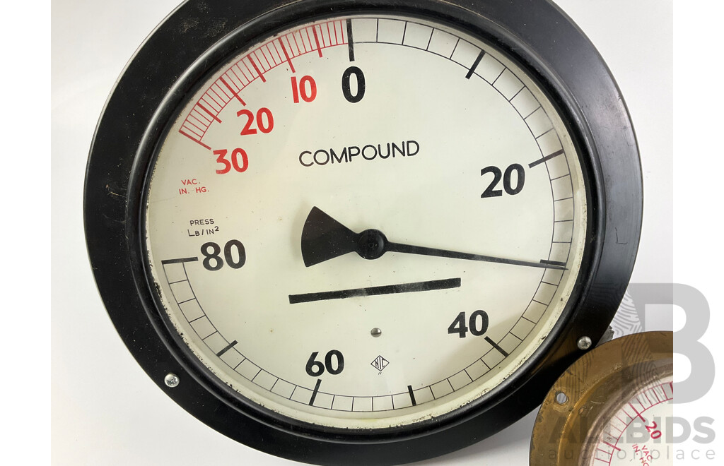 Six Large and Small Gauges Including Compound, Pressure, Vacuum, Feet of Water
