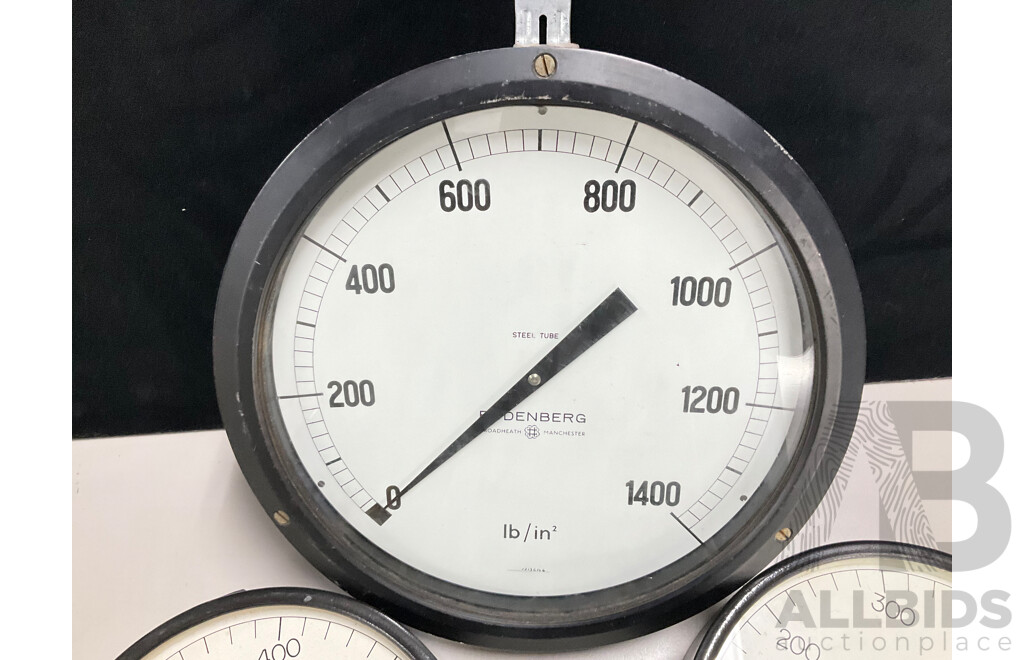 Four Large Vintage Pressure Gauges Including Dobbie, Budenberg and KLF