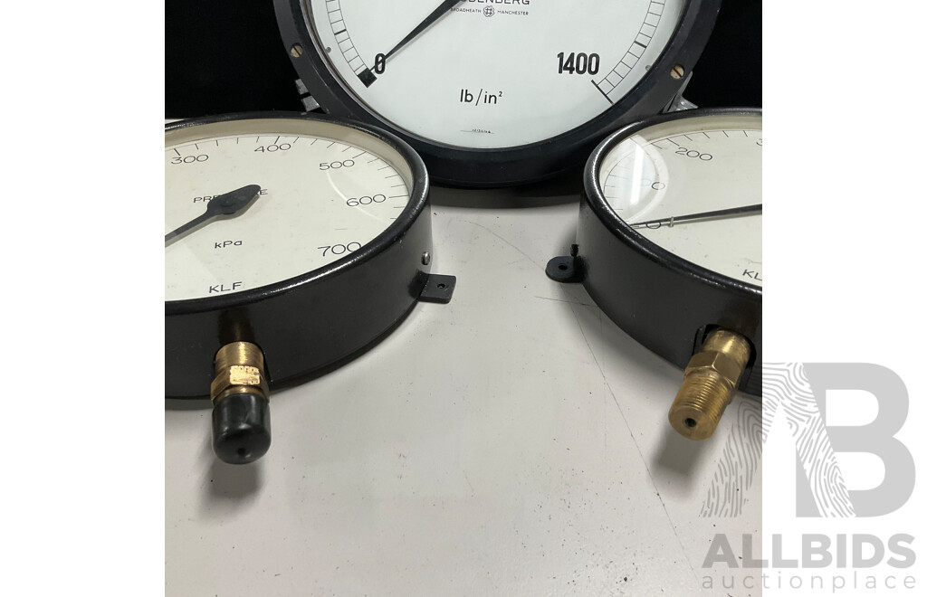 Four Large Vintage Pressure Gauges Including Dobbie, Budenberg and KLF