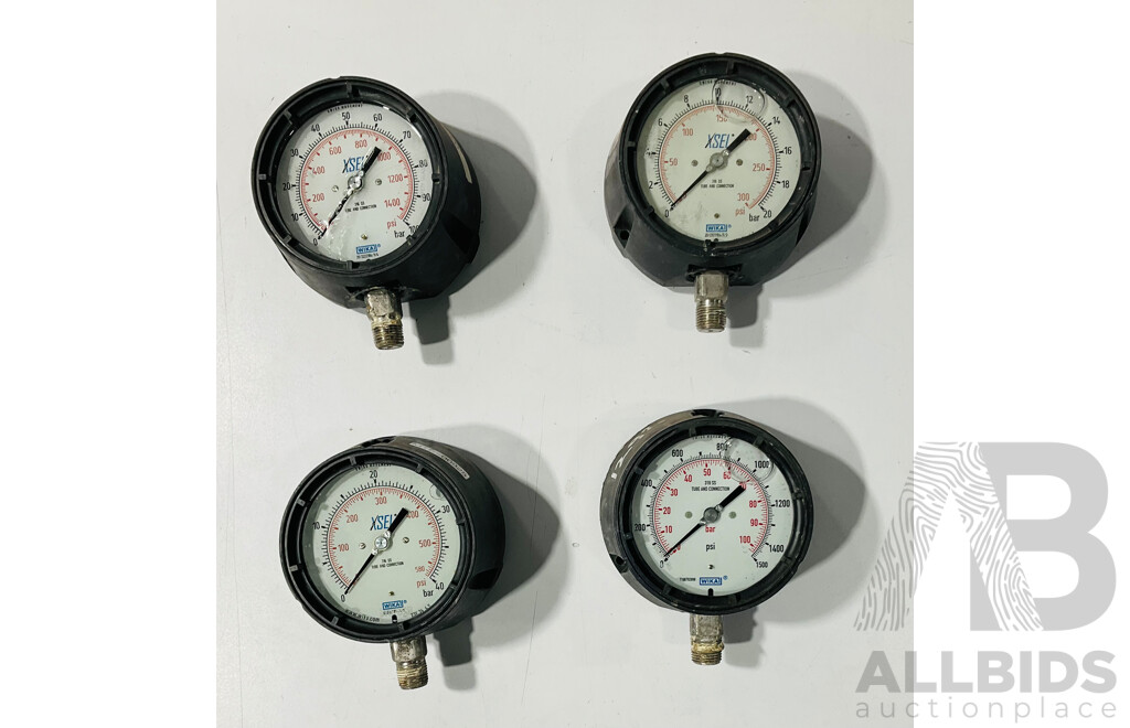 Four Wika Xsel Liquid Filled Tube and Connection Pressure Gauges, PSI and Bar, Swiss Movement