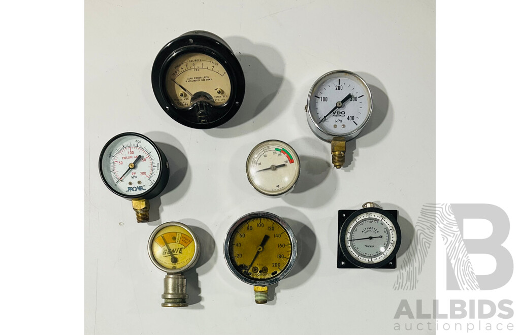 Collection of Small Vintage Gauges Including Paton Decibels, YCM Altimeter Barometer, Proair Pressure, VDO Pressure, 'GENIE' Temperature