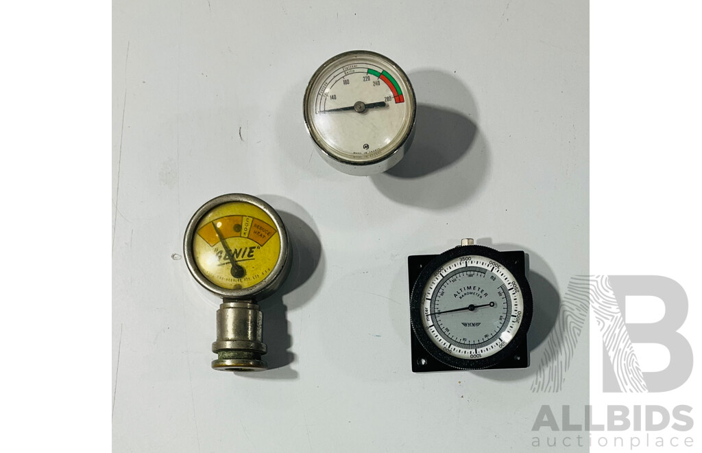 Collection of Small Vintage Gauges Including Paton Decibels, YCM Altimeter Barometer, Proair Pressure, VDO Pressure, 'GENIE' Temperature