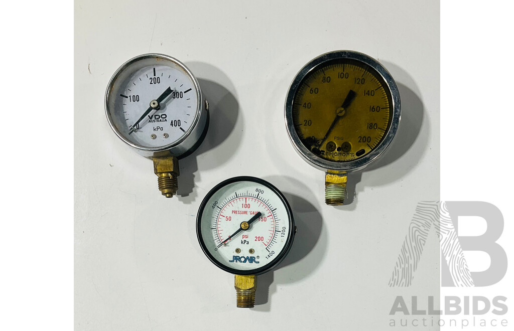 Collection of Small Vintage Gauges Including Paton Decibels, YCM Altimeter Barometer, Proair Pressure, VDO Pressure, 'GENIE' Temperature