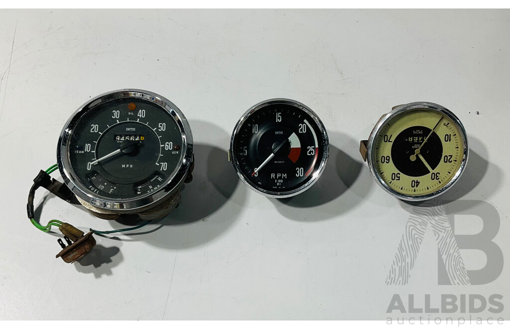 Three Vintage Smith Gauges Including Two Speedometers, One with Fuel/Temperature and Tachometer