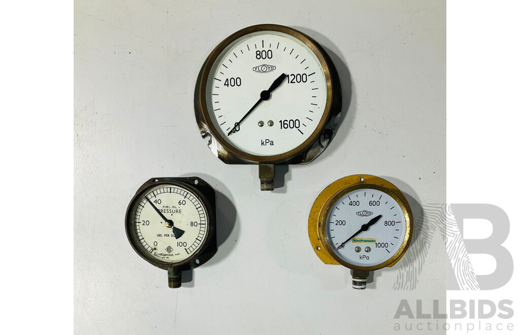 Three Antique and Vintage Australian Gauges, NIC Fuel Pressure and Floyd Pressure