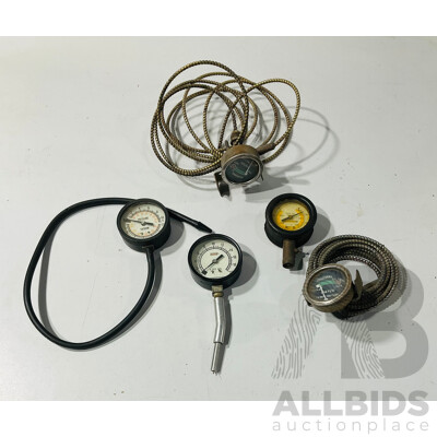 Vintage Caterpillar Tire Pressure Gauge, Two Mechanical Temperature Gauges, Dixco Compression Gauge, Vacuum/Pressure Gauge