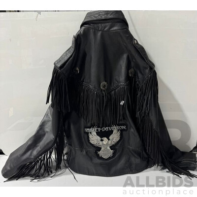 Retro Real Leather Motorcycle Jacket with Tassels and Harley Davidson Patch to Rear
