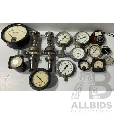 Collection of Vintage Pressure Gauges - Lot of 14